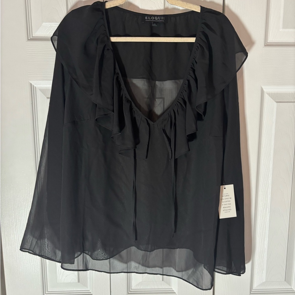 NWT !! Eloquii Sheer Black Ruffle Long Sleeve Women's Top- Plus size 18